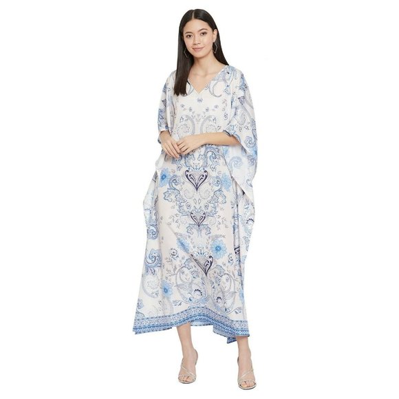 Women's White Floral Caftan Beach Cover Up Full Length Maxi Gown - Picture 1 of 5